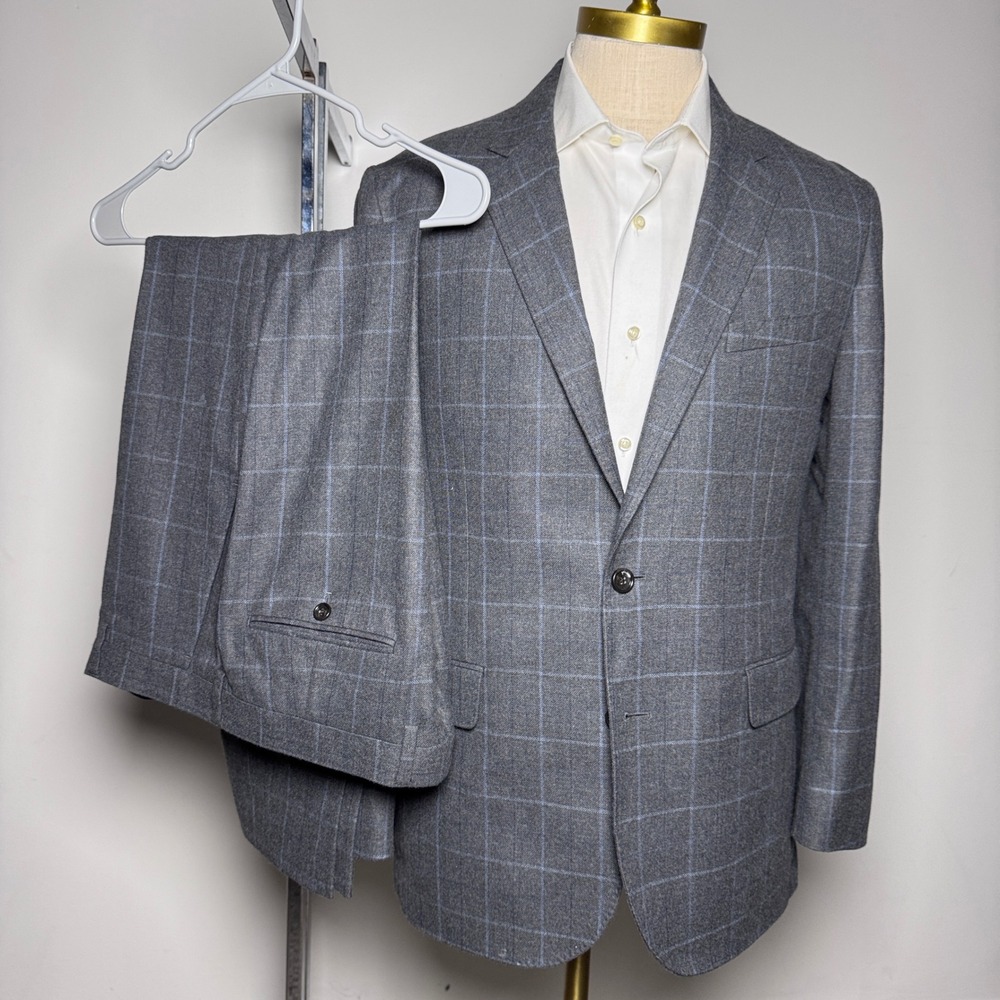 J.Crew Ludlow Suit Mens 42R 34W Grey Windowpane Slim Fit Moon British Cloth